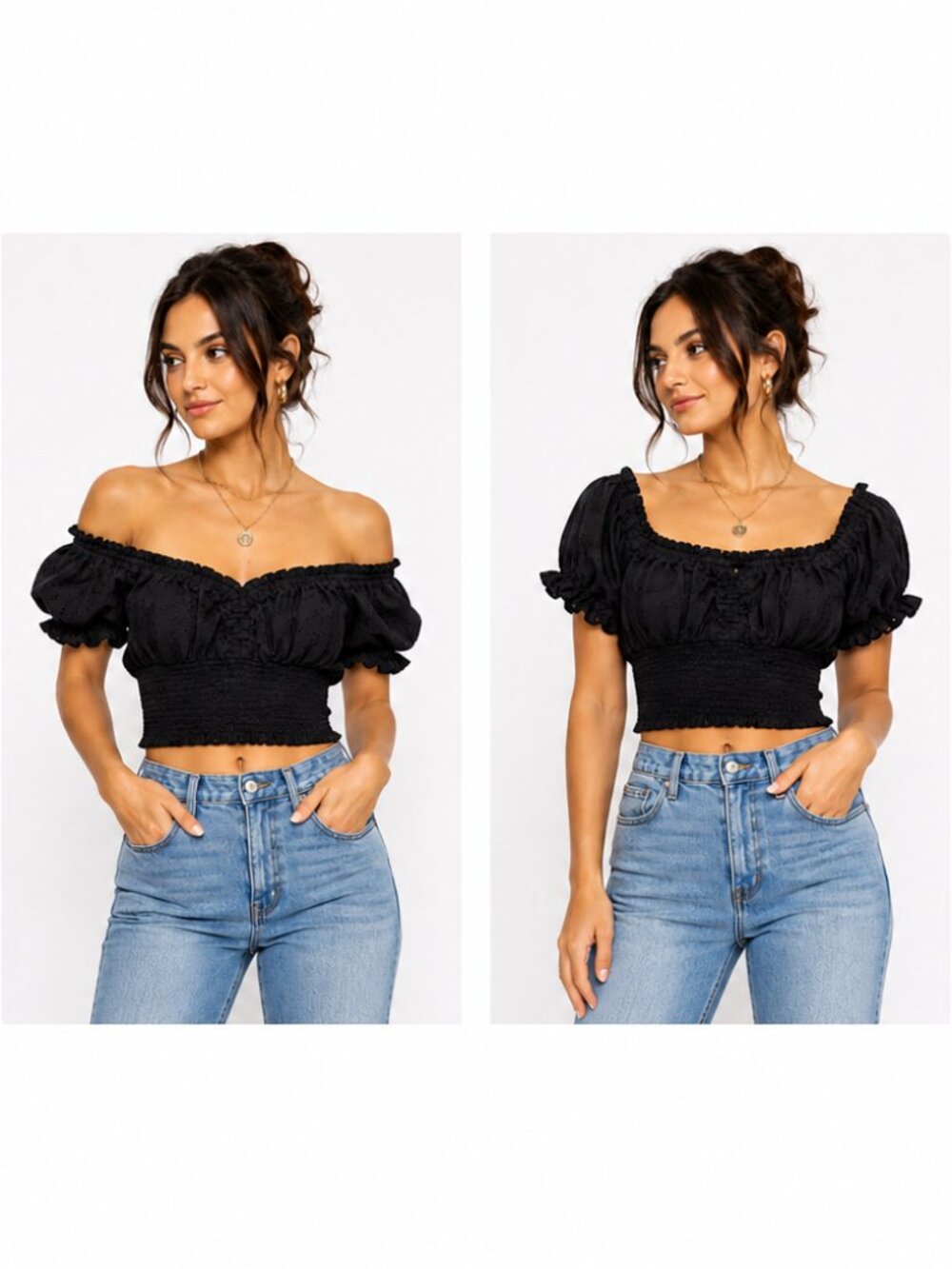 Jennifer & Grace Black Eyelet Smocked Off Shoulder Crop Top S - Picture 2 of 9